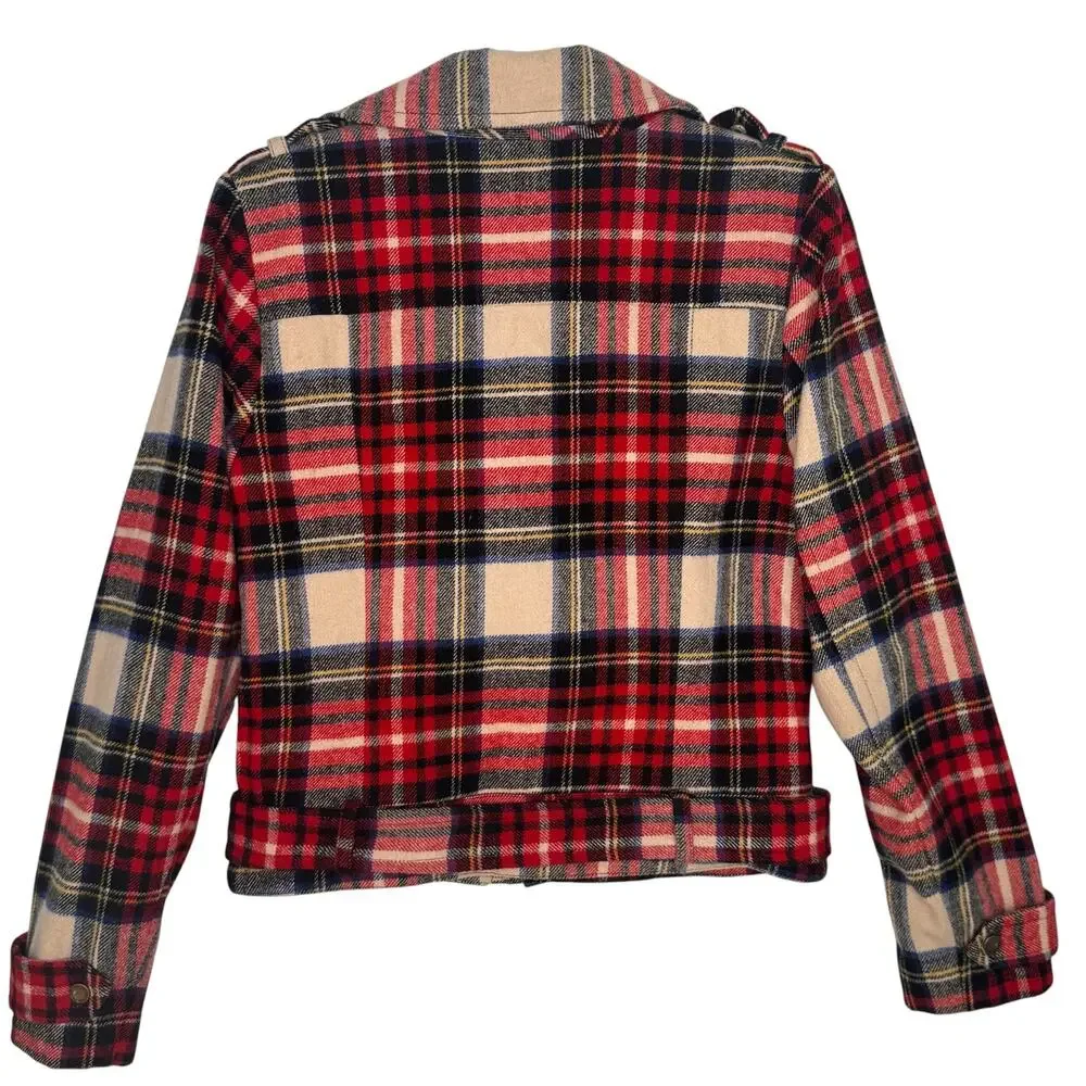 Heritage 1981 Wool Blend Plaid Moto Biker Jacket Belted Red Tartan Preppy Small